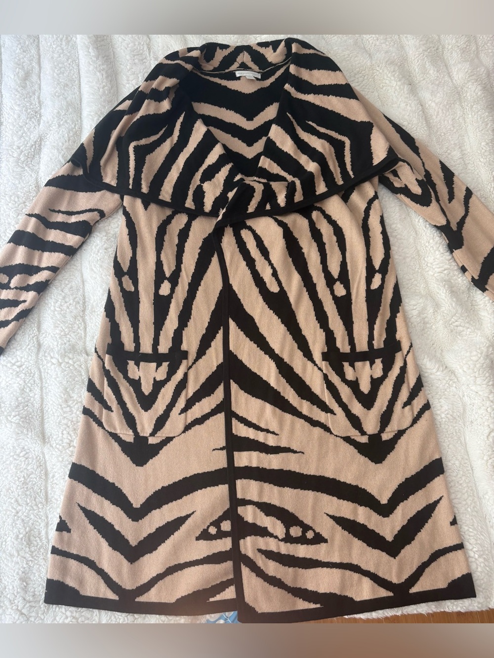 New York & Company Beige and Black Zebra-Pattern Trench Cardigan
